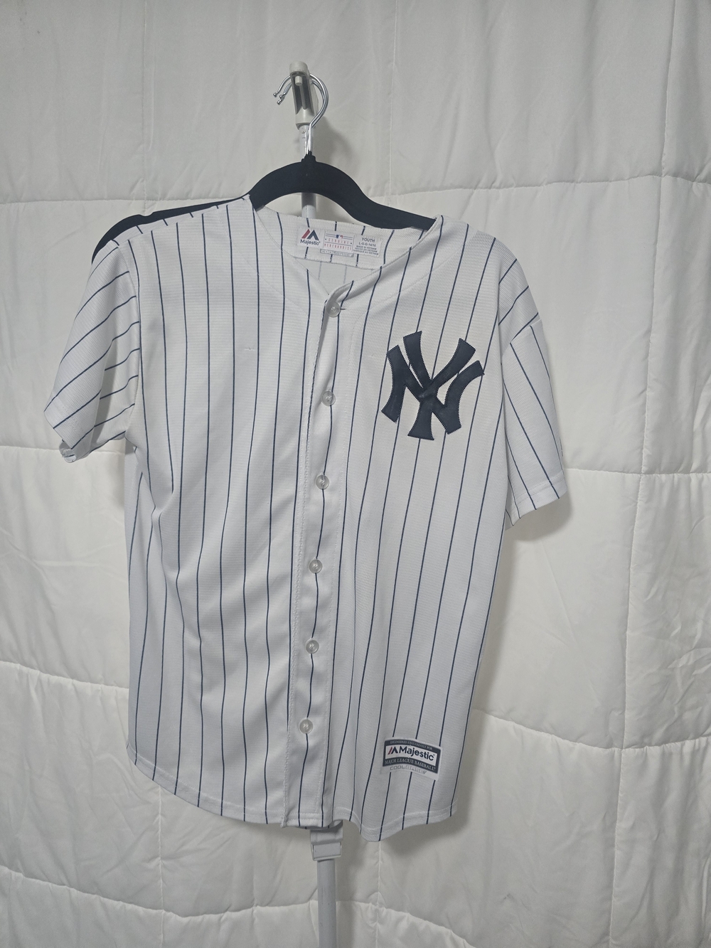 Majestic White and Navy Pinstripe New York Yankees Kids Button Jersey